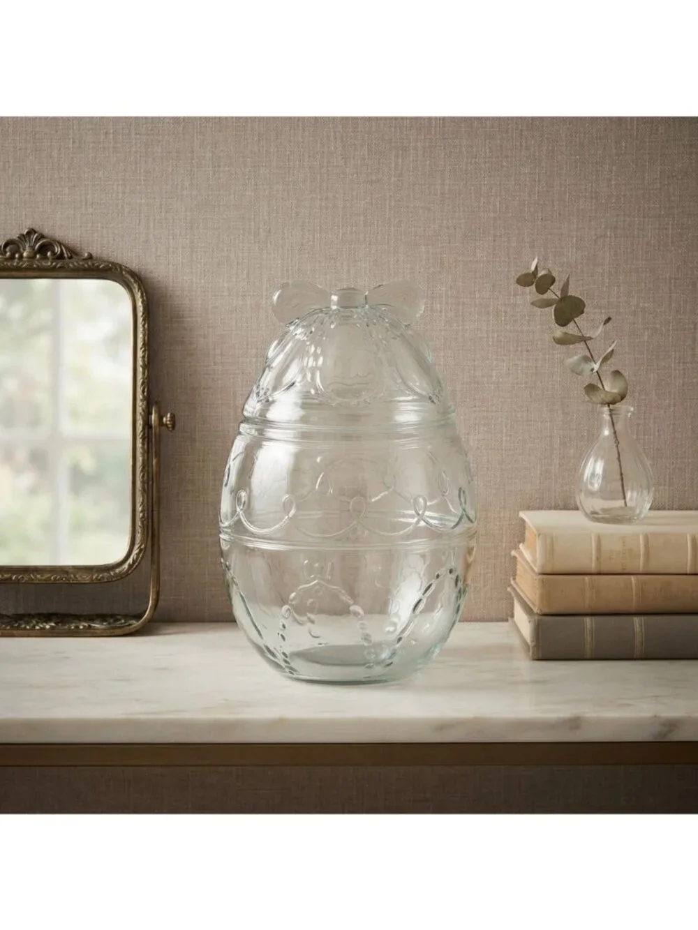 Vintage Clear Glass Easter Egg Candy Jar Container with Bow Lid 8